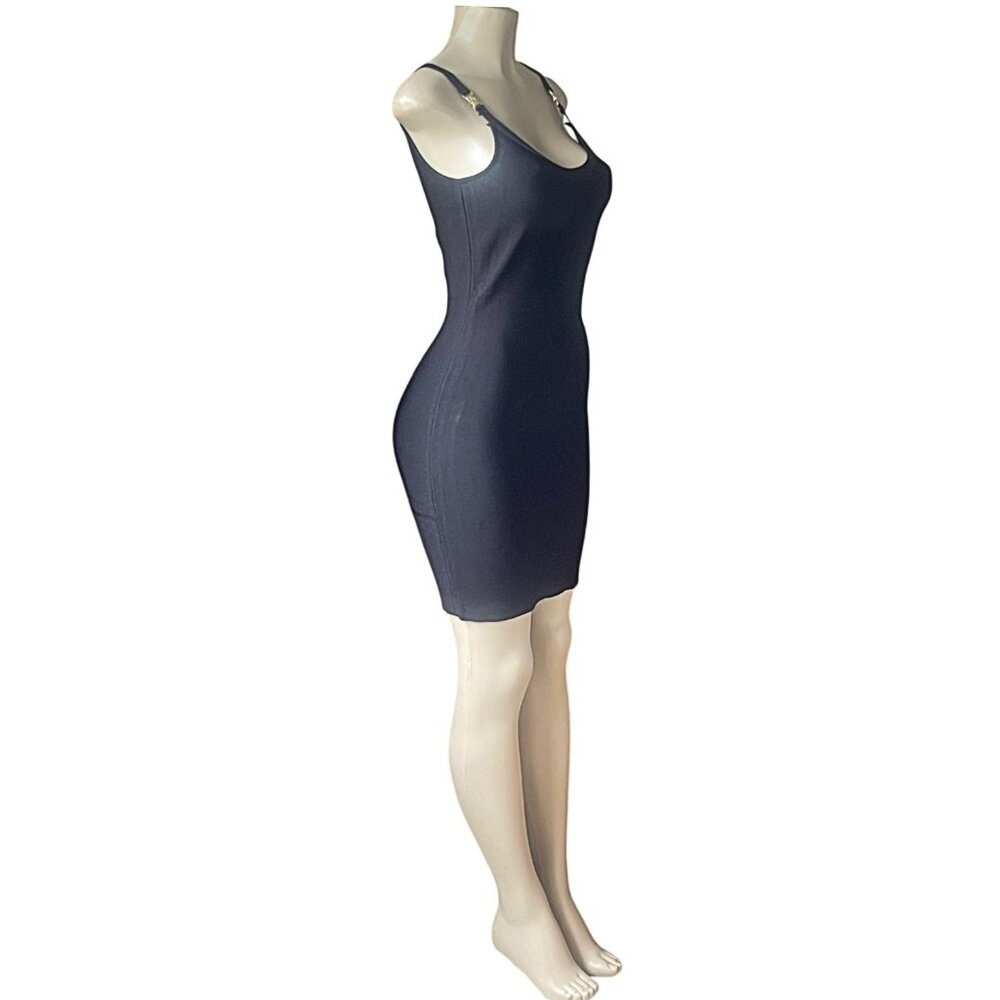 Gold Buckle Spaghetti Strap Plunging Scoop Neck Women's Bodycon Bandage Dress L - Picture 3 of 7